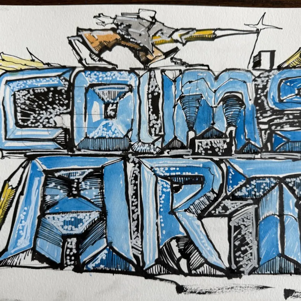 Hand-lettered CAM'S ART in blue ink and watercolor